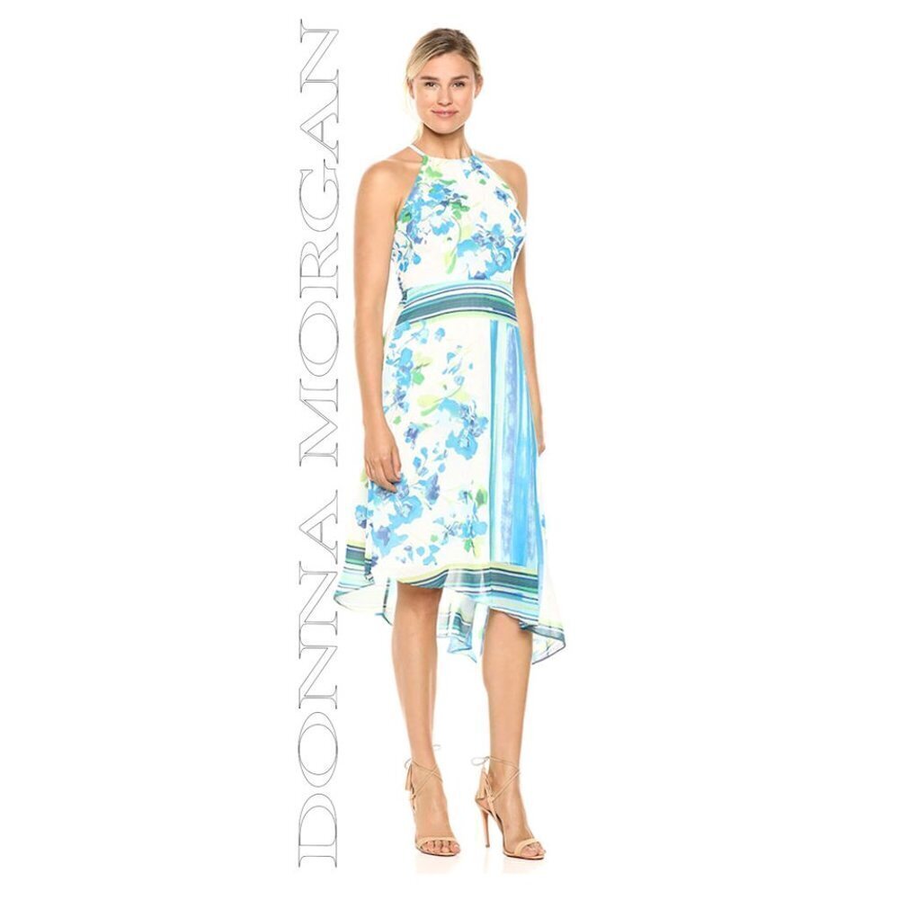 Donna Morgan Halter Dress Size: 10 White Blue Floral Asymmetrical NWT